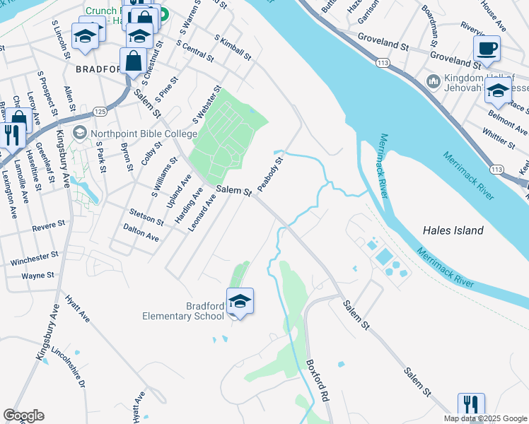 map of restaurants, bars, coffee shops, grocery stores, and more near 205 Salem Street in Haverhill