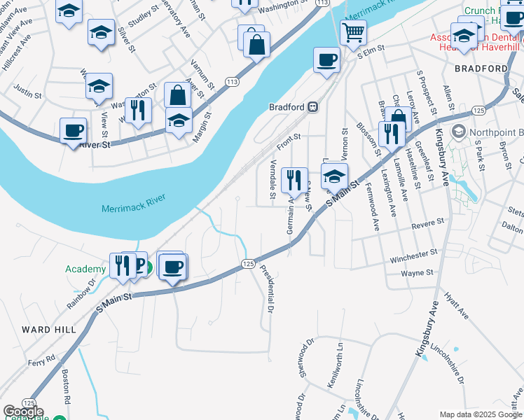 map of restaurants, bars, coffee shops, grocery stores, and more near 48 South Cogswell Street in Haverhill