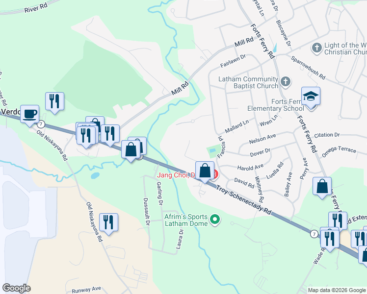 map of restaurants, bars, coffee shops, grocery stores, and more near 18 Knadler Drive in Latham