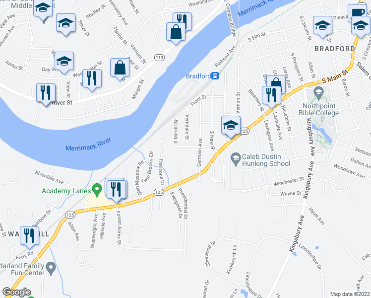 map of restaurants, bars, coffee shops, grocery stores, and more near 32 South Cogswell Street in Haverhill