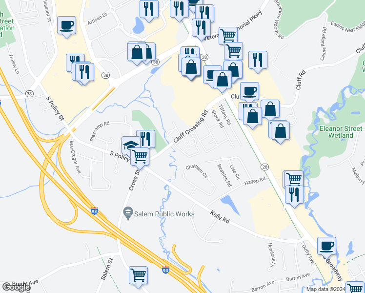 map of restaurants, bars, coffee shops, grocery stores, and more near 113 Cluff Crossing Road in Salem