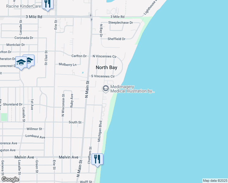 map of restaurants, bars, coffee shops, grocery stores, and more near 103 Michigan Court in Racine