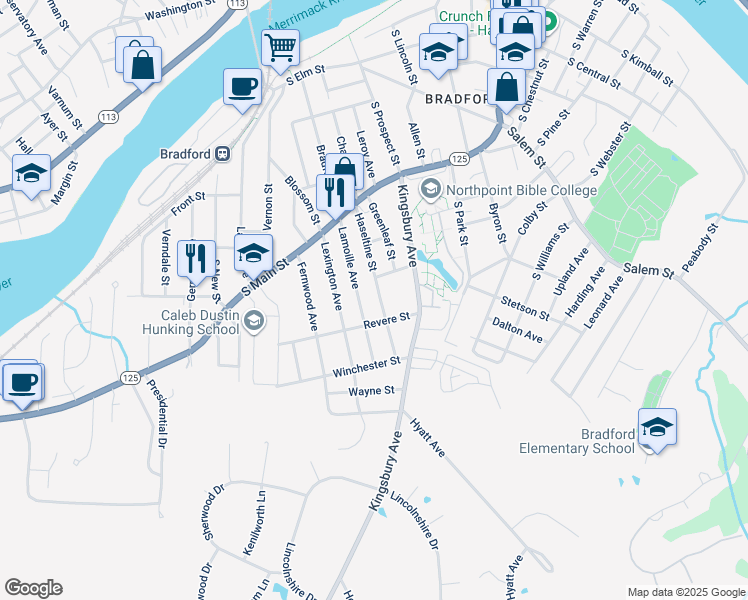 map of restaurants, bars, coffee shops, grocery stores, and more near 70 Lamoille Avenue in Haverhill