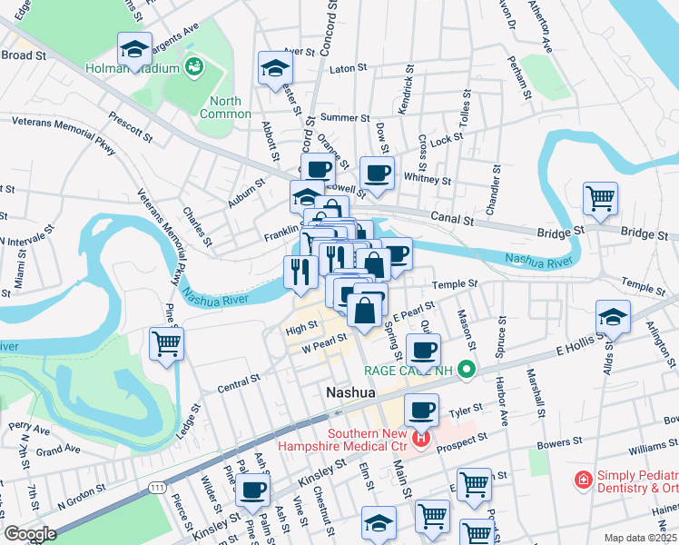 map of restaurants, bars, coffee shops, grocery stores, and more near 113 Main Street in Nashua
