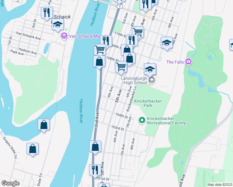 map of restaurants, bars, coffee shops, grocery stores, and more near 250 4th Avenue in Troy