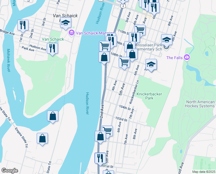 map of restaurants, bars, coffee shops, grocery stores, and more near 246 2nd Avenue in Troy