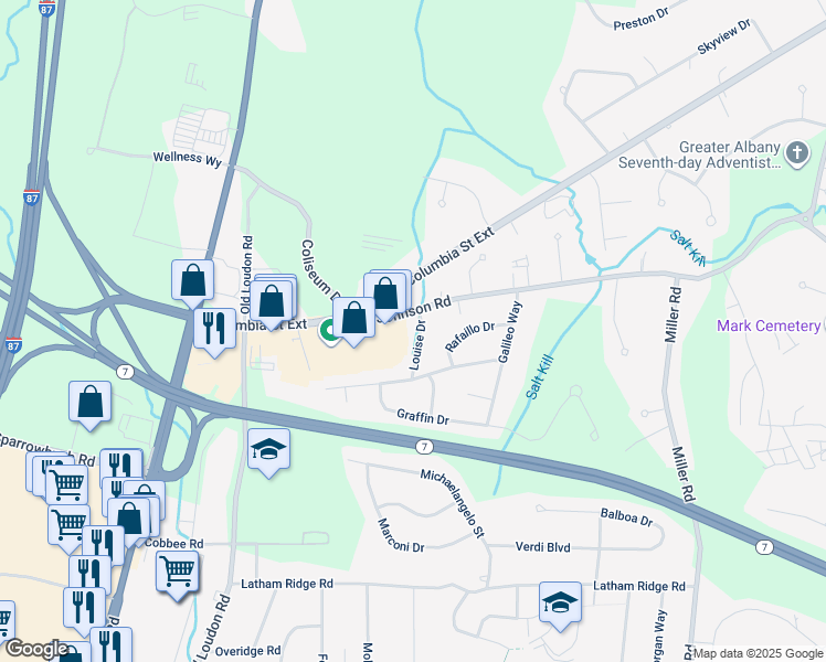 map of restaurants, bars, coffee shops, grocery stores, and more near 5 Louise Drive in Latham