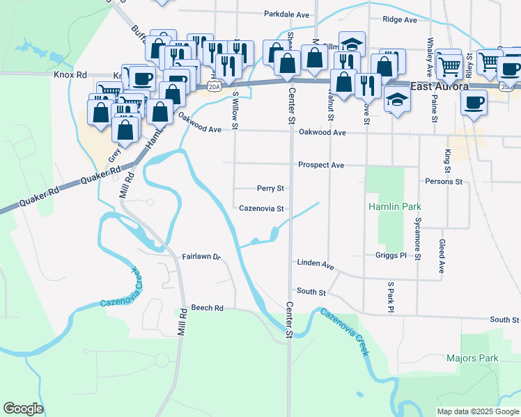 map of restaurants, bars, coffee shops, grocery stores, and more near 297 Cazenovia Street in East Aurora