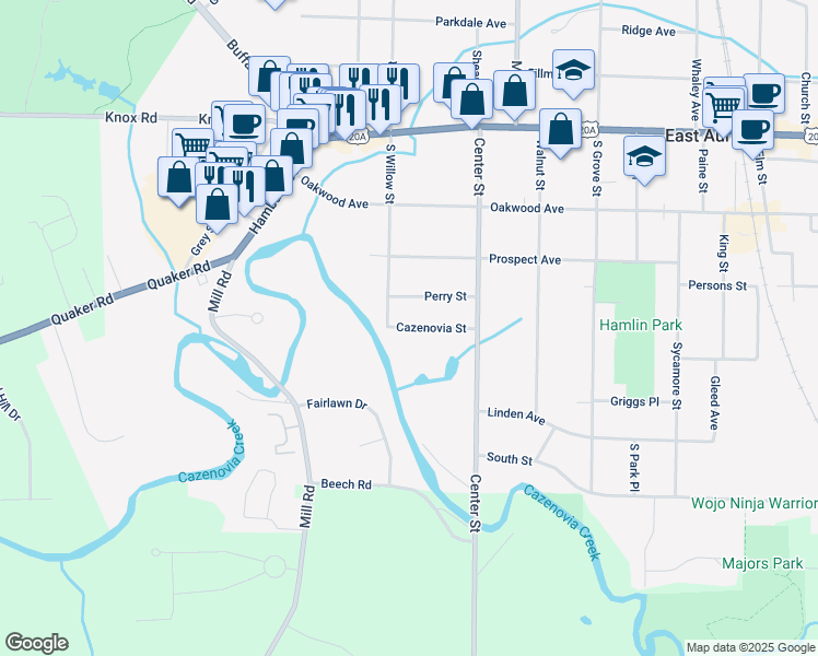 map of restaurants, bars, coffee shops, grocery stores, and more near 243 Cazenovia Street in East Aurora