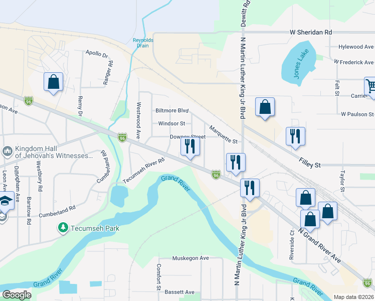 map of restaurants, bars, coffee shops, grocery stores, and more near 2816 Mildred Street in Lansing