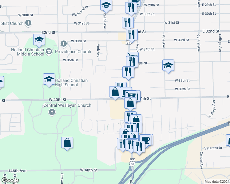 map of restaurants, bars, coffee shops, grocery stores, and more near 267 West 40th Street in Holland