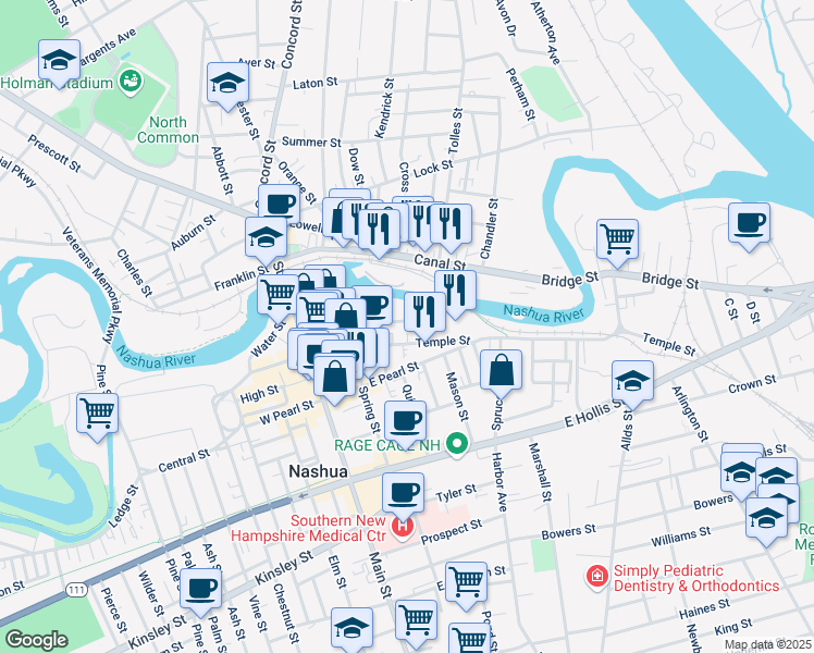 map of restaurants, bars, coffee shops, grocery stores, and more near 48 Temple Street in Nashua