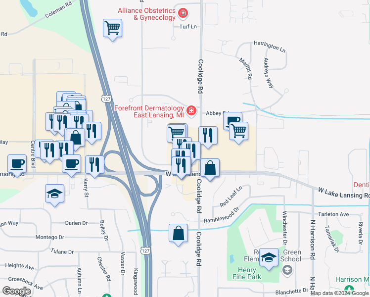 map of restaurants, bars, coffee shops, grocery stores, and more near 1550 West Lake Lansing Road in East Lansing