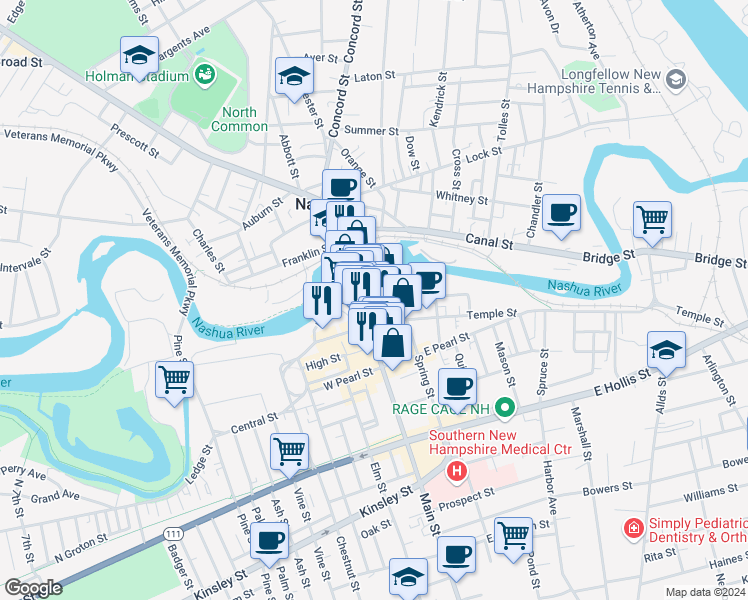 map of restaurants, bars, coffee shops, grocery stores, and more near 100 Main Street in Nashua