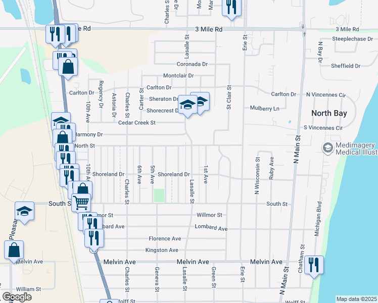 map of restaurants, bars, coffee shops, grocery stores, and more near 3448 Lasalle Street in Racine