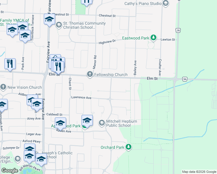 map of restaurants, bars, coffee shops, grocery stores, and more near 16 Peach Tree Boulevard in St. Thomas