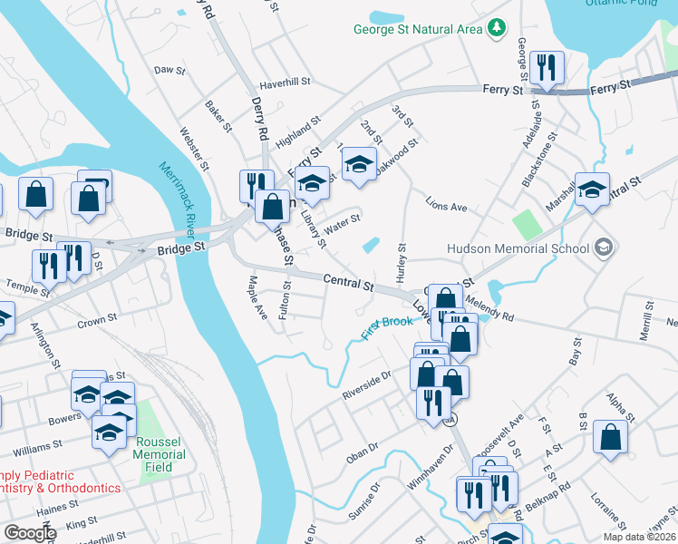map of restaurants, bars, coffee shops, grocery stores, and more near 39 Library Street in Hudson