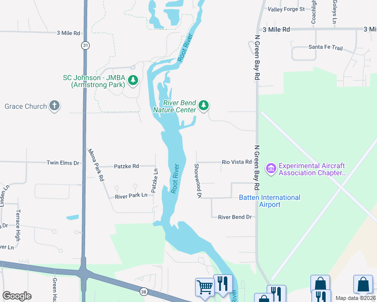 map of restaurants, bars, coffee shops, grocery stores, and more near 3450 Shorewood Drive in Racine