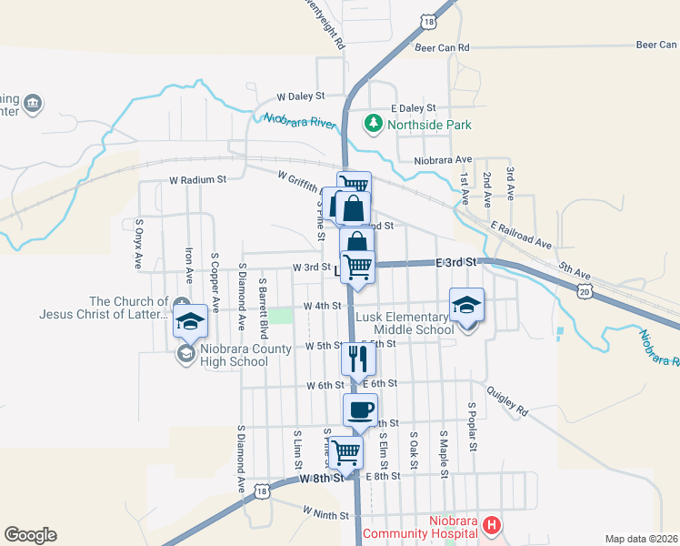 map of restaurants, bars, coffee shops, grocery stores, and more near 4080 U.S. 18 in Lusk