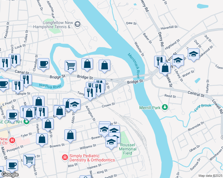 map of restaurants, bars, coffee shops, grocery stores, and more near 145 East Hollis Street in Nashua