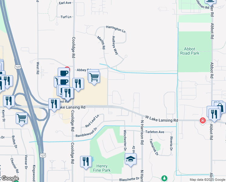 map of restaurants, bars, coffee shops, grocery stores, and more near 2287 Stonehenge Drive in East Lansing