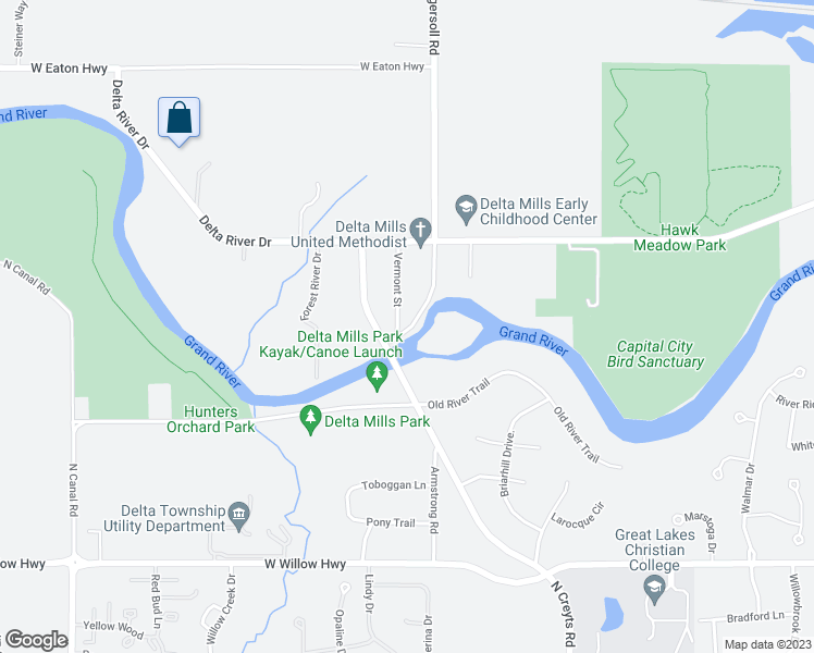 map of restaurants, bars, coffee shops, grocery stores, and more near 2819 Clinton Road in Lansing