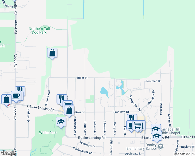 map of restaurants, bars, coffee shops, grocery stores, and more near 3143 Biber Street in East Lansing
