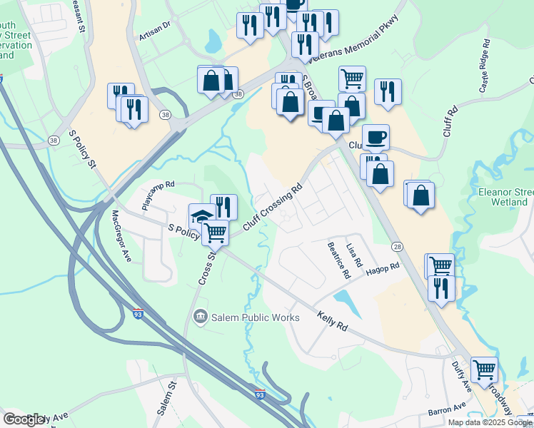 map of restaurants, bars, coffee shops, grocery stores, and more near 113 Cluff Crossing Road in Salem