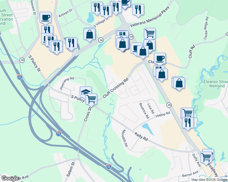 map of restaurants, bars, coffee shops, grocery stores, and more near 113 Cluff Crossing Road in Salem