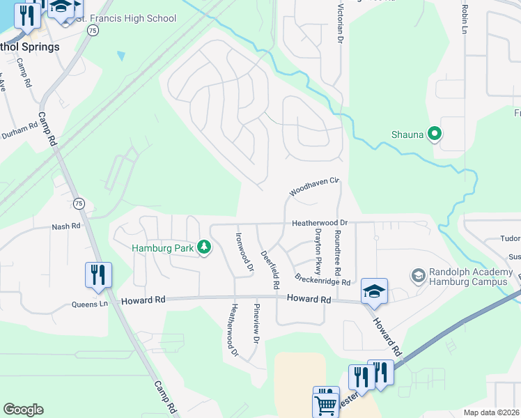 map of restaurants, bars, coffee shops, grocery stores, and more near 3606 Heatherwood Drive in Hamburg