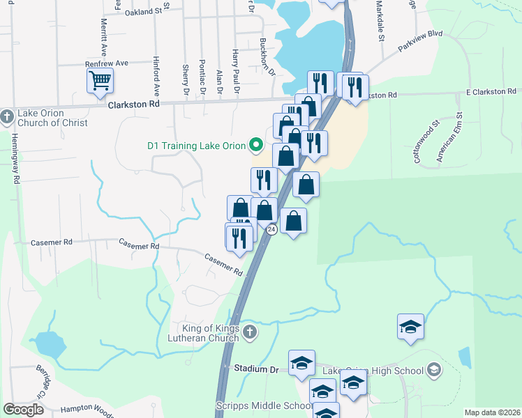 map of restaurants, bars, coffee shops, grocery stores, and more near 1376b South Lapeer Road in Orion charter Township