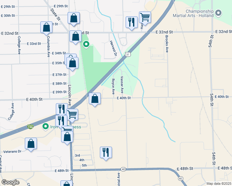 map of restaurants, bars, coffee shops, grocery stores, and more near 981 Royce Avenue in Holland