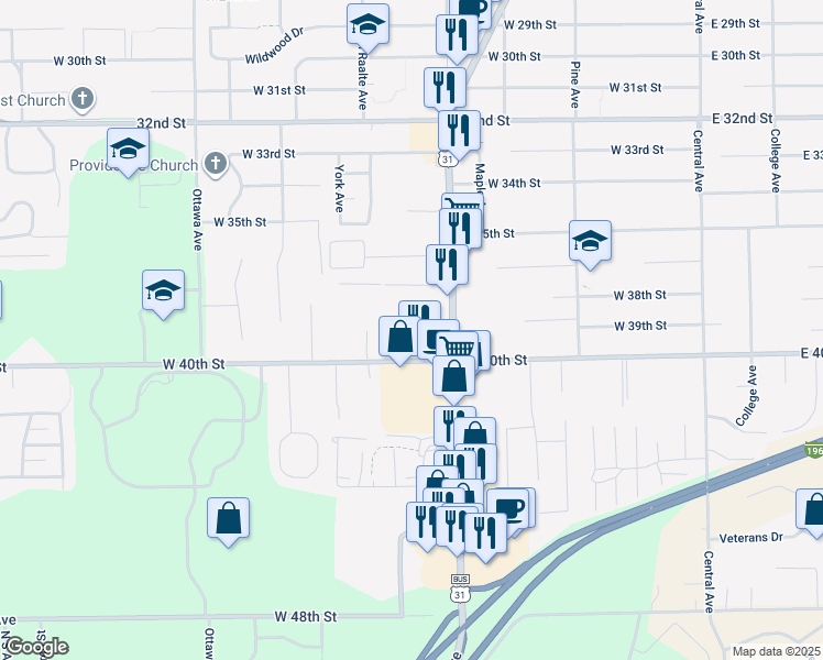 map of restaurants, bars, coffee shops, grocery stores, and more near 267 West 40th Street in Holland
