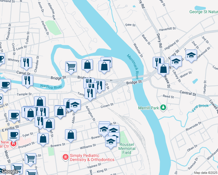 map of restaurants, bars, coffee shops, grocery stores, and more near 145 East Hollis Street in Nashua