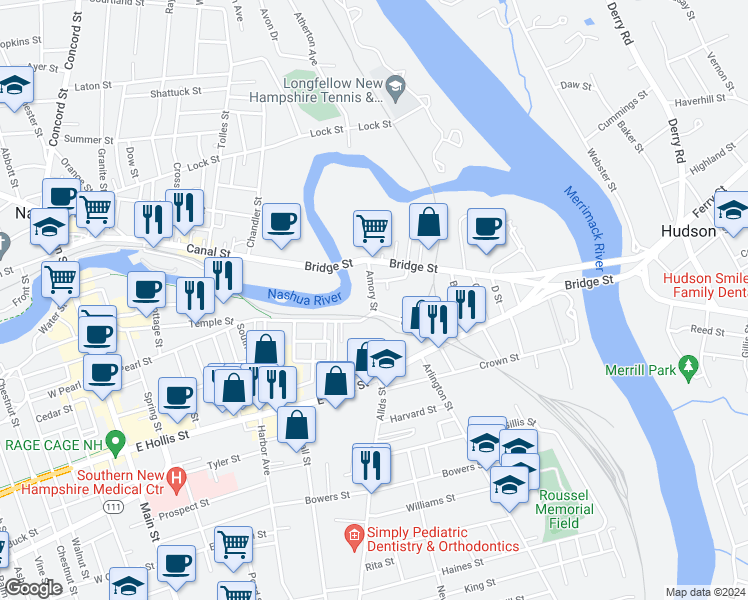 map of restaurants, bars, coffee shops, grocery stores, and more near in Nashua