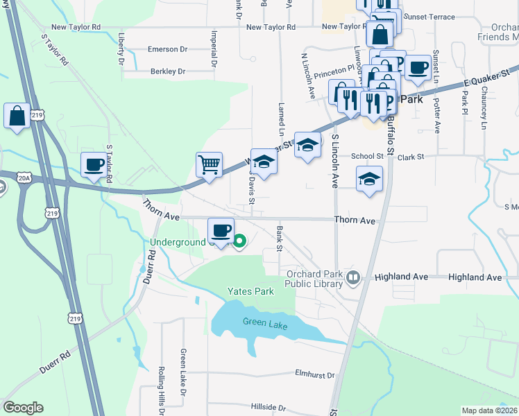 map of restaurants, bars, coffee shops, grocery stores, and more near 1 Bank Street in Orchard Park