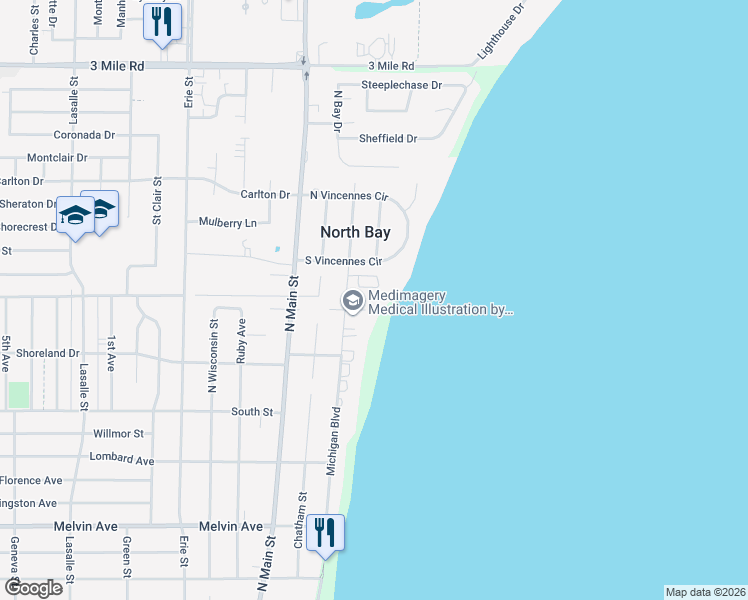 map of restaurants, bars, coffee shops, grocery stores, and more near 103 Michigan Court in Racine