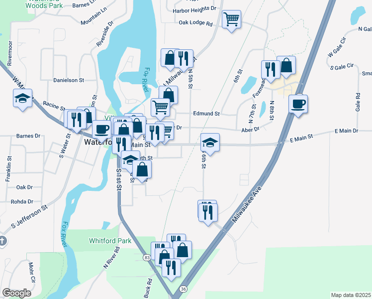 map of restaurants, bars, coffee shops, grocery stores, and more near 517 Elizabeth Street in Waterford
