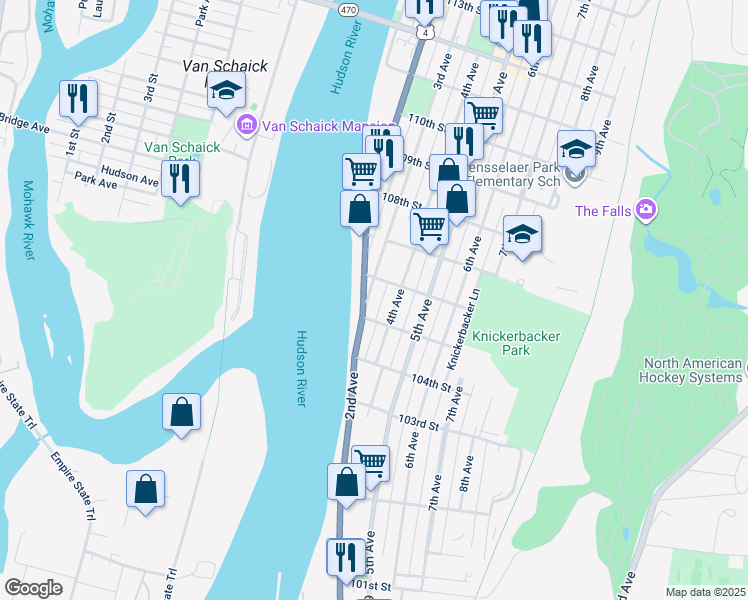 map of restaurants, bars, coffee shops, grocery stores, and more near 246 2nd Avenue in Troy