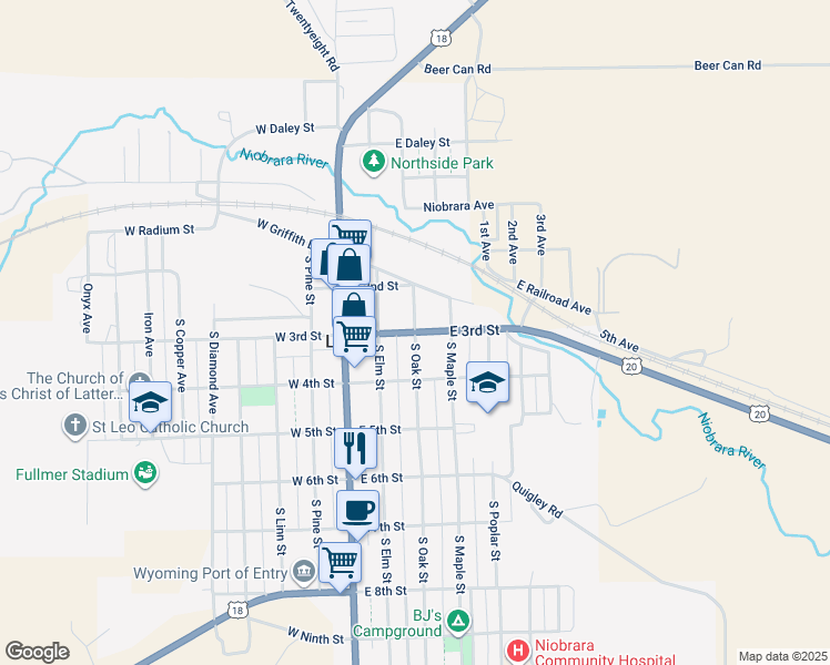 map of restaurants, bars, coffee shops, grocery stores, and more near 300 South Oak Street in Lusk