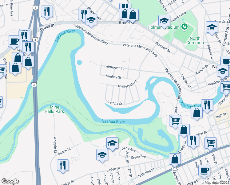 map of restaurants, bars, coffee shops, grocery stores, and more near 4 Daytona Street in Nashua