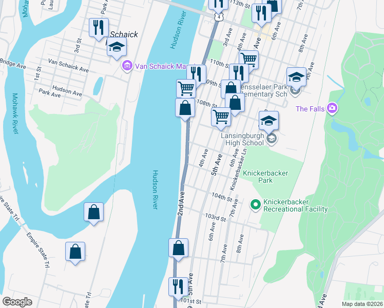 map of restaurants, bars, coffee shops, grocery stores, and more near 246 2nd Avenue in Troy