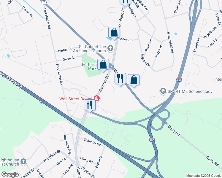 map of restaurants, bars, coffee shops, grocery stores, and more near 3125-3133 Carman Road in Schenectady
