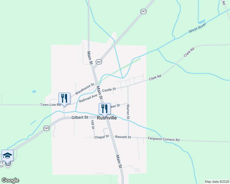 map of restaurants, bars, coffee shops, grocery stores, and more near 6 Castle Street in Rushville