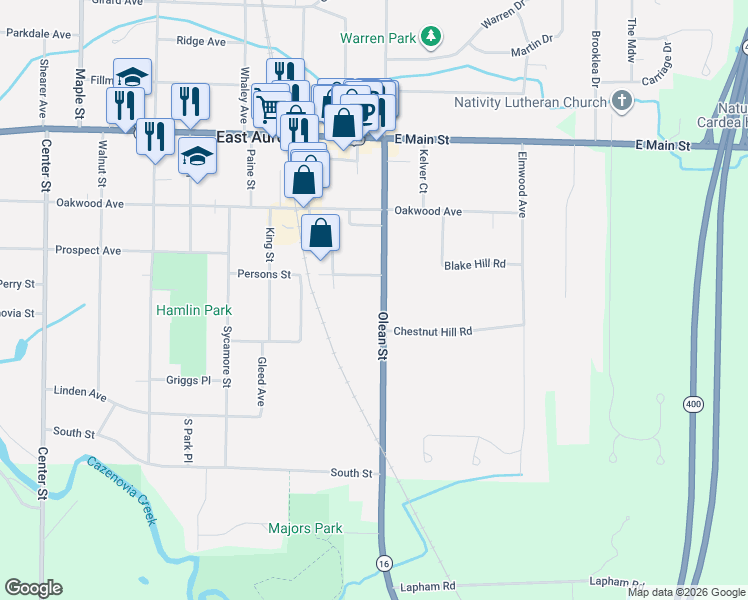map of restaurants, bars, coffee shops, grocery stores, and more near 201 Olean Street in East Aurora