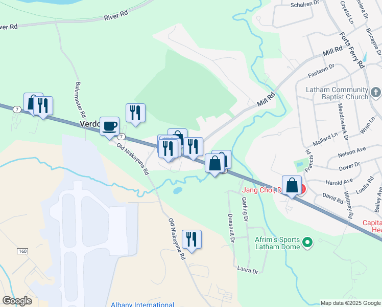 map of restaurants, bars, coffee shops, grocery stores, and more near 1 Mill Road in Latham