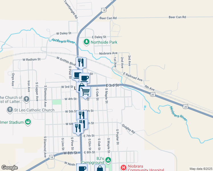 map of restaurants, bars, coffee shops, grocery stores, and more near 300 South Maple Street in Lusk