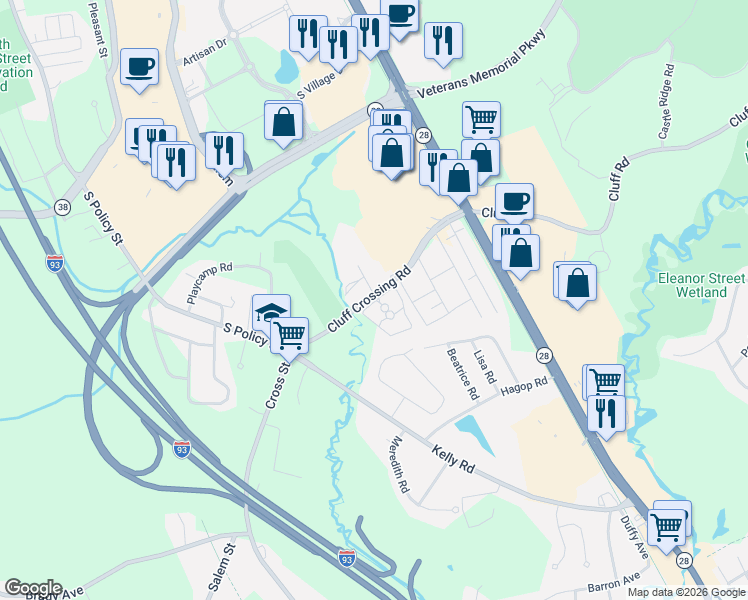 map of restaurants, bars, coffee shops, grocery stores, and more near 117 Cluff Crossing Road in Salem
