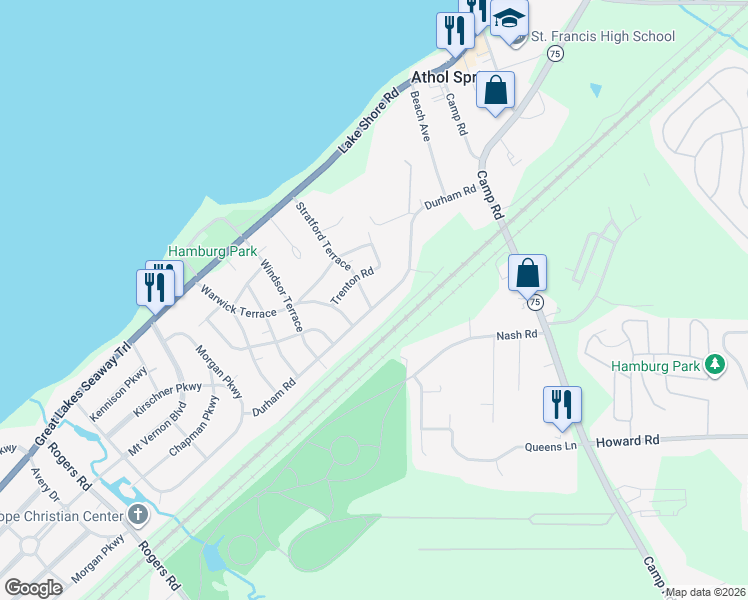 map of restaurants, bars, coffee shops, grocery stores, and more near 4477 Stratford Terrace in Hamburg