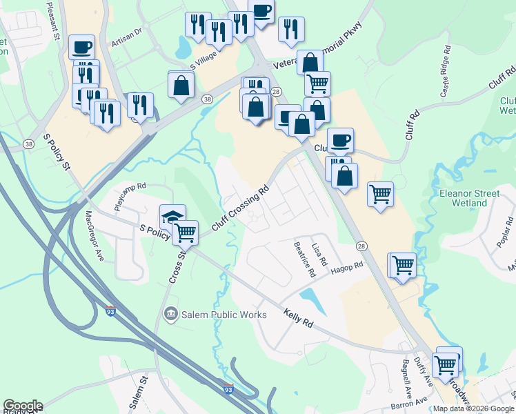 map of restaurants, bars, coffee shops, grocery stores, and more near 2 Lancelot Court in Salem